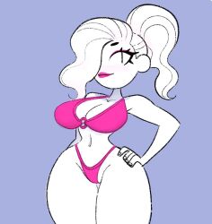 vanillasketchy original original_character tagme white_hair white_body tied_hair one_eye_obstructed looking_at_viewer makeup underwear breasts large_breasts cleavage slim_waist wide_hips thick_thighs voluptuous navel hand_on_hip posing bra panties