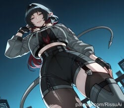 1female 1girl 1girls 2026 absurdres aesthetic ai_generated animal_ears anime anime_style ass_visible_through_thighs asymmetrical_legwear beautiful beautiful_female beautiful_girl big_ass big_breasts black_gloves black_hair black_shorts black_thighhighs blue_eyes blurred_background blush blush_lines blushing blushing_female breasts bubble_ass bubble_butt crop_top cropped_jacket curvy curvy_body curvy_female curvy_figure curvy_hips curvy_thighs cute cute_face digital_art digital_painting ear_piercing excited excited_expression excited_female excited_for_sex female female_only fingerless_gloves from_below garter_straps gloves green_eyes grey_jacket grin high-waist_shorts high_quality highres horny horny_expression horny_face horny_female hoyoverse huge_breasts jacket jane_doe_(zenless_zone_zero) large_ass large_breasts line_art long_hair long_sleeves looking_at_viewer looking_down midriff mihoyo multicolored_hair necktie night night_sky open_clothes open_jacket outdoors pantyhose pantyhose_under_shorts parted_lips patreon patreon_link patreon_username piercing pointy_ears red_hair rissuai sexy sexy_body sexy_female sexy_pose shorts single_leg_pantyhose single_thighhigh sky smile soft_shading solo solo_focus tail thick thighhighs torn_clothes torn_pantyhose torn_thighhighs two-tone_hair uneven_legwear zenless_zone_zero
