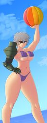 akame_ga_kill! balloon beach bikini bikini_top breasts clouds erect_nipples eye_patch female female_only large_breasts looking_at_viewer mechanical_arm najenda_(akame_ga_kill!) purple_eyes short_hair silver_hair sky smile solo standing thighhighs water