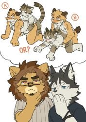 anal anal_penetration anthro black_nose blush blush_lines bottomless bottomless_male can_we_have_a_second_summer_vacation_if_we_miss_it? canid canine canis clothed clothing domestic_cat domestic_dog felid feline felis fur glass grey_body grey_fur group hi_res husky imagination kemono lion male male/male male_penetrated male_penetrating male_penetrating_male mammal mane milkybot multicolored_body multicolored_fur nordic_sled_dog pantherine penetration pink_nose pointy_ears qi_cheng sex shirt shirt_only simple_background size_difference spitz striped_body striped_fur stripes t-shirt t-shirt_only tabby_cat tan_body tan_fur tank_top tank_top_only thought_bubble topwear topwear_only two_tone_body two_tone_fur wei_qian white_body white_fur xi_he yellow_eyes