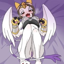 :3 :d aroused blush convenient_censoring digimon_adventure_02 fang female female_only from_above from_behind gerusyu hikari_yagami in_heat lying_on_back lying_on_bed medium_breasts naughty_face nefertimon nefertimon_(cosplay) paw_pose thighs