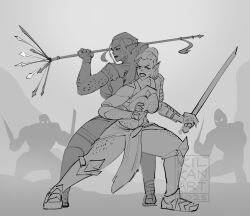 2girls armor armored_female fight kilkan monochrome original_character original_characters_only ponytail shadowy_figure spear surrounded sword