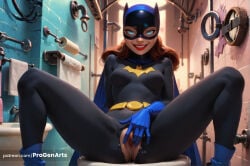 1girls ai_generated barbara_gordon batgirl batgirl_(barbara_gordon) bathroom batman_(series) belt black_bodysuit blue_eyes blue_footwear blue_gloves bodysuit breasts brown_hair cape clitoral_hood clitoris dc dc_comics domino_mask female female_human female_only gloves grin hairband heart hi_res indoors lips lipstick long_hair looking_at_viewer makeup mask medium_breasts mirror patreon_username progenarts pussy pussy_juice red_lips shower_head sitting smile solo spread_legs spread_pussy superhero teeth tile_wall torn_clothes uncensored watermark web_address