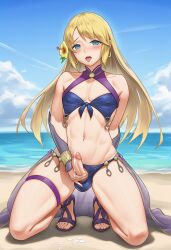 1boy ai_generated alternate_costume beach bikini blonde_hair blue_eyes blush cloud clouds cosplay earrings femboy fire_emblem fire_emblem:_the_blazing_blade fire_emblem_heroes flower lucius_(fire_emblem) outfit_swap precum sand sandals thebregs ursula_(fire_emblem) water