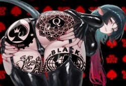 basicallynomore ai_generated 2d 1girls light-skinned_female qos tattoo spade spade_tattoo zenless_zone_zero jane_doe_(zenless_zone_zero) black_hair rat rat_ears black_eyes lipstick breasts big_breasts face_tattoo blacked leather looking_at_viewer ass dat_ass big_ass bubble_butt perfect_ass ass_tattoo thigh_tattoo blush from_behind ass_focus red_nails nail_polish tail