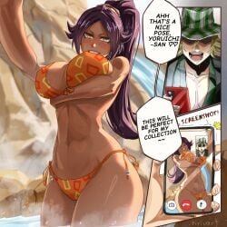 1boy 1girl abs bikini bleach blonde_hair blush breasts cellphone cleavage covered_nipples dark-skinned_female dark_skin english_text grin hat hetero large_breasts long_hair navel onsen open_mouth orange_bikini pervert phone ponytail purple_hair ririvart selfie shihouin_yoruichi side-tie_bikini smile swimsuit thighs underboob urahara_kisuke water yellow_eyes yoruichi_shihouin