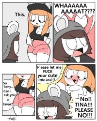 anthro beanie black_clothing black_hat black_headwear black_shirt black_topwear blush blush_lines bodily_fluids bottomwear breasts brown_hair chasing chinchilla chinchillid cleavage clothed clothing comic dialogue duo eyelashes fake_bulge female_(lore) grey_beanie grey_clothing grey_hat grey_headwear hair hat headgear headwear hi_res intersex lagomorph leporid male mammal open_mouth orange_hair pink_bottomwear pink_clothing pink_shorts ponytail rabbit rodent shirt short_tail shorts speech_bubble surprised sweat tail text tina_(tonytoran) tony_(tonytoran) tonytoran topwear