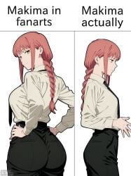 sawahebi absurd_res absurdres ai_generated hentai hi_res highres high_resolution high_quality white_body female female_focus female_only 1girl big_breasts breasts shirt solo white_shirt meme chainsaw_man makima_(chainsaw_man) yellow_eyes red_hair tied_hair long_hair smile smiling smiling_at_viewer looking_at_viewer looking_back back_view viewed_from_behind side_view big_ass ass ass_focus butt_focus perfect_body perfect_legs perfect_ass office_lady office_clothing funny black_pants tie medium_breasts medium_ass small_breasts small