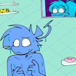 bathroom biting_own_lip blue_skin blushing cyan_skin incest kiss_mark kiss_marks oc ocs original_character original_characters shower soap spying stalker trembling_for_pleasure vlue_lake vlues_key wet_hair zky_cyan