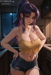 1girl ai_generated artist_name bare_arms bare_shoulders blue_shorts blurry_background blush breasts brown_eyes camisole cleavage closed_mouth clothing collarbone cowboy_shot crop_top crop_top_overhang cutoffs denim denim_shorts female female_only full_moon hands_on_own_hips indoors katsuragi_misato kitchen large_breasts lips lipstick long_hair looking_at_viewer makeup midriff misato_katsuragi moon navel neon_genesis_evangelion night night_sky parted_bangs patreon_username ponytail purple_hair red_lips short_shorts shorts sidelocks sink smile solo spaghetti_strap standing stomach stove sweat tank_top thigh_gap thighs tile_wall torn_clothes torn_shorts vantawaifu window yellow_camisole yellow_shirt yellow_tank_top