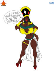 1girls abs big_ass big_breasts bimbo dark-skinned_female dark_skin deoarts dragon_ball dragon_ball_super edit egyptian english_text female female_only full_body goddess_of_destruction helles high_heels hourglass_figure huge_breasts muscular muscular_female red_lipstick solo sun1sol text third-party_edit