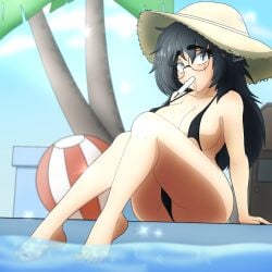 pholycarpie xandra_(pholycarpie) black_hair grey_eyes glasses sun_hat sling_bikini slingshot_swimsuit slingshot_bikini popsicle pool