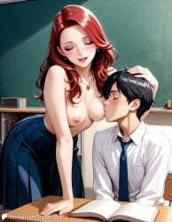 1boy 1girls ai_generated book breasts casual casual_nudity chalkboard classroom encoder female indoors leaning_forward male nipples no_bra public public_exposure public_nudity school school_desk school_uniform standing table teacher teacher_and_student teacher_female topless skirt breastfeeding sucking_nipples holding_head