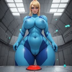 mature_figure samus_aran mini_giantess light-skinned_female skin_tight bodysuit pov ai_generated perchance_ai blonde_hair blue_eyes button hangar sci-fi ponytail thick_thighs big_breasts nipples_visible_through_clothing