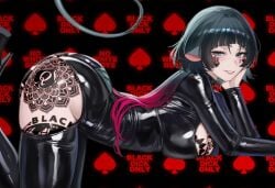 basicallynomore ai_generated 2d 1girls light-skinned_female qos tattoo spade spade_tattoo zenless_zone_zero jane_doe_(zenless_zone_zero) black_hair rat rat_ears black_eyes lipstick breasts big_breasts face_tattoo blacked leather ass dat_ass big_ass bubble_butt breast_tattoo tail looking_at_viewer ass_tattoo thigh_tattoo light_skin queen_of_spades qos_tattoo perfect_ass