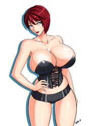 big_breasts blue_eyes cleavage corset devil-v hand_on_hip lingerie lipstick pearl_necklace red_hair shadow signature simple_background