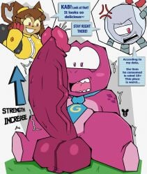 1girls 2026 absurd_res accessory balls big_penis biped dialogue dinosaur english_text erection gameoverse genitals glitch_productions gobbles_(gameoverse) group hi_res huge_penis hyper hyper_genitalia hyper_penis kaboodle_(gameoverse) kit_(gameoverse) luanctoons male_focus necktie penis prehistoric_species reptile scalie surprised text
