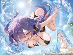 2girls ass azur_lane bangs bare_shoulders barefoot bikini black_bikini blue_eyes blue_hair blush bouncing_breasts breasts cleavage day drooling embarrassed eyebrows_visible_through_hair eyes_visible_through_hair frilled_bikini frills hair_over_one_eye hand_on_own_chest large_breasts lens_flare long_hair mogador_(azur_lane) mogador_(diving_for_desire)_(azur_lane) mouth_drool multiple_girls navel official_art open_mouth outdoors palm_tree purple_eyes purple_hair side-tie_bikini sitting sky string_bikini sun swimsuit very_long_hair wardrobe_malfunction wavy_mouth wet white_bikini