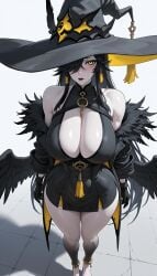 ai_generated neverness_to_everness blackbird_(neverness_to_everness) big_breasts bird_girl cleavage witch_hat witch witch_costume wide_hips thick_thighs yellow_eyes blush lipstick feathers feathered_wings jewelry gloves off_shoulder