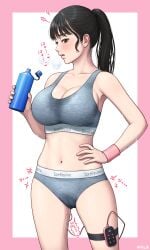 1girl black_hair blush border bottle breasts cleavage commentary_request cowboy_shot female_masturbation grey_sports_bra hand_on_own_hip hands_up highres holding holding_bottle large_breasts looking_at_viewer looking_to_the_side masturbation medium_hair navel open_mouth original outside_border panties pink_border ponytail pussy_juice sex_toy simple_background solo sound_effects sports_bra standing stomach sweat sweaty_clothes thigh_strap underwear vibrator water_bottle wet wet_clothes wet_panties white_background wristband yurashima