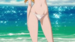 1girl animated arm_up bikini bleach blonde_hair blue_eyes fat_breasts female flat_belly gif hands_behind_head head_out_of_frame huge_breasts matsumoto_rangiku official_animation pose screencap solo swimsuit underboob water