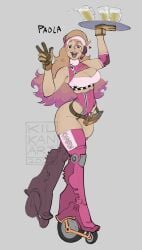 1girls beer belt breasts cleavage color female female_only gloves headset kilkan leotard long_hair multicolored_hair original_character original_characters_only peace_sign racing_suit skindentation solo tray visor_cap waitress_uniform wheels