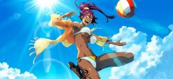 bleach 1girl ball beachball bikini bracelet breasts cloud dark-skinned_female dark_skin day jumping large_breasts lens_flare long_hair open_mouth ponytail purple_hair sandals see-through sky smile solo sun sunlight swimsuit tattoo underboob white_bikini yellow_eyes shihouin_yoruichi