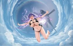 mogador_(diving_for_desire)_(azur_lane) mogador_(azur_lane) official_art azur_lane 1girl :d aircraft airplane bangs barefoot bikini black_bikini blush breasts cloud day fang flying full_body gradient_hair huge_breasts jumping long_hair looking_at_viewer micro_bikini multicolored_hair navel one_eye_closed open_mouth original outstretched_arms purple_eyes purple_hair rainbow side-tie_bikini skindentation sky smile solo spread_arms stomach swimsuit symbol-shaped_pupils very_long_hair