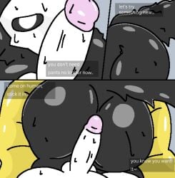 2_panel_comic 2d_(artwork) anal anal_invitation anthro anus ass_up big_butt black_body black_fur bodily_fluids butt butt_focus butt_jiggle canid canine canis changed_(video_game) colin_(changed) couples dialogue digital_media_(artwork) duo english english_dialogue english_text fall_on_heels_(artist) fallonheels fur gay gay_male genital_fluids hi_res human human_on_anthro inviting inviting_to_anal inviting_to_fuck inviting_to_sex jiggling latex latex_body lin_(changed) liquid_latex male male/male mammal precum puro puro_(changed) romantic romantic_couple sex video_game video_game_character wolf wolf_boy