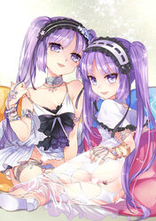 2girls ass bare_shoulders bracelet choker cleavage dress euryale euryale_(fate) fate/grand_order fate/hollow_ataraxia fate_(series) headband heart_censor invitation jewelry legs looking_at_viewer multiple_girls necklace no_panties open_mouth pillow presenting purple_eyes purple_hair sandals siblings sisters smile stheno_(fate) twins twintails very_long_hair