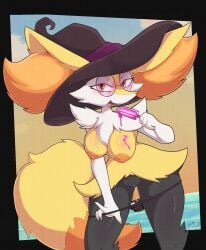 anthro areola big_breasts big_ears big_hat black_body black_border black_clothing black_fur black_hat black_headwear black_thong black_underwear bodily_fluids border braixen breasts cheek_tuft clothing dessert dipstick_tail eyewear facial_tuft female food fur generation_6_pokemon genital_fluids genitals hat headgear headwear hi_res holding_food holding_ice_cream holding_object ice_cream inner_ear_fluff markings nintendo nipples open_mouth open_smile orange_areola orange_body orange_fur orange_nipples orange_nose pokemon pokemon_(species) razgrizdl round_sunglasses smile solo sunglasses tail tail_markings thick_thighs thong thong_down tuft underwear vaginal_fluids vulva white_body white_fur wide_hips witch_hat yellow_body yellow_fur