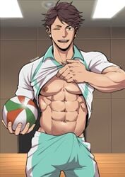 1boy abs bara brown_hair bulge cocky crotch erection haikyuu!! human looking_at_viewer male male_focus male_only muscles muscular muscular_male oikawa_tooru_(haikyuu!!) partially_clothed shirt_lift shorts smile smiling_at_viewer solo solo_male sportswear suyohara wink winking_at_viewer