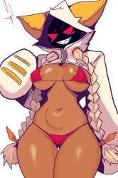 taokaka kaka_(blazblue) blazblue arc_system_works fecharis mask masked masked_female female dark_skin dark-skinned_female red_eyes sharp_teeth hoodie cat catgirl cat_ears mariy01