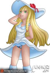 1girls alpha_channel boots braids clothed dress dress_lift eyelashes female green_eyes heart human lillie_(pokemon) long_hair lunakiri nintendo panties patreon png pokemon pokemon_sm smile solo standing striped_panties sundress text upskirt url