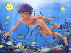 1boy anal barefoot copyright_request cum drowning eel feet male_only swim_briefs swim_trunks swimsuit swimsuit_pull takenokoya tanline toes underwater water zoophilia