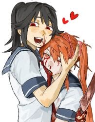 2girls absurdres ayano_aishi black_hair blood blood_from_eyes blood_from_mouth blood_on_face blood_on_knife corpse guro heart highres holding holding_knife knife long_hair looking_at_viewer multiple_girls nuki0eq open_mouth orange_eyes orange_hair osana_najimi_(yandere_simulator) ponytail red_eyes sailor_collar school_uniform serafuku shirt short_sleeves smile twintails white_background white_shirt yandere_simulator