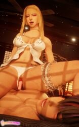 2girls blonde_hair dark-skinned_female dark_skin dildo double_dildo duo female female_only light-skinned_female light_skin namco orgasm pinkmilkshake sex_toy squirting tekken tekken_8 yuri