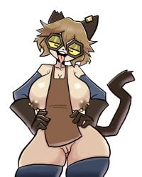 1girl 2d 2d_(artwork) 2d_artwork ahegao anthro big_breasts black_gloves blush breasts cat_girl digital_drawing_(artwork) digital_media_(artwork) drawing drawn drooling fanart furry gameoverse glitch_productions goggles hands_on_hips large_ass looking_at_viewer melonmiloc nipples nude scratch_(gameoverse) short_hair simple_background solo tail thick_thighs tongue_out wide_hips
