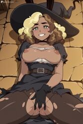 digitalwaifugallery ai_generated patreon seductive sexy uncensored watermark hi_res high_quality high_resolution lorelai_blyndeff epithet_erased 1girl breasts nipples torn_clothes solo hat green_eyes freckles gloves black_choker blonde_hair witch_hat dark_skin black_gloves choker pantyhose smile multicolored_hair black_dress belt dark-skinned_female two-tone_hair dress pussy large_breasts masturbation looking_at_viewer on_back breasts_out puffy_sleeves lying torn_pantyhose rabbit_ears spread_legs animal_ears torn_dress female_masturbation brown_pantyhose short_sleeves puffy_short_sleeves brown_hair black_headwear covering_crotch fingering body_freckles witch artist_name medium_hair