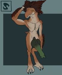 4_toes alien animal_genitalia animal_penis anthro arm_feathers arm_tuft big_knot big_penis colored dewclaw digitigrade erection feather_hair feathered_crest feathers feet genital_slit genitals green_penis halo_(series) halo_infinite head_crest hi_res kig-yar knot knotted_penis male male_anthro microsoft nude penis pseudo_hair pupils ruuhtian scales scalie scuted_feet scutes serpentinebastard simple_background slit_pupils solo standing tail tail_feathers tan_body tan_scales toes tuft tympanum xbox_game_studios yellow_eyes
