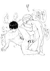yawayawa male male_only monochrome gay yaoi gintama anal gintoki_sakata hijikata_toshiro 2boys anal_sex erection completely_nude nude penis bar_censor leg_up leg_grab sweat blush