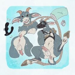 animal_mask anthro backsack balls bovid caprine chastity_cage chastity_device ear_piercing ezilyn felilune genitals goat harness hi_res hoof_hands hooves horn leash male mammal mask penis piercing pillow prostate_massager pup_mask rope rope_leash sex_toy short_tail smile solo tail thesphur_(thesphur) tongue tongue_out vibrator