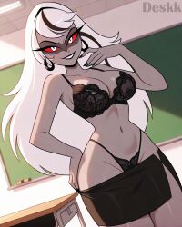 1girls big_ass breasts carmilla_carmine curvy curvy_body curvy_female curvy_figure dark_skin demon demon_girl demon_humanoid ear_piercing ear_ring earrings eyebrows eyelashes hazbin_hotel long_hair looking_at_viewer milf red_sclera solo solo_female solo_focus toned_body toned_female vivienne_medrano white_eyes white_hair deskk ai_generated artist_name detailed_background smile black_nails school_uniform teacher school lace bra board black_skirt teacher_outfit teacher_and_student close-up removing_clothing big_breasts hand_on_chest showing_breasts unbuttoned removing_skirt thong lace-trimmed_bra