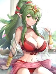 1girls absurdres alternate_costume arm_support bangs bare_shoulders bikini blush bracelet breasts cleavage closed_mouth collarbone commentary female female_only fire_emblem fire_emblem_awakening fire_emblem_heroes gonzarez green_eyes green_hair groin hair_ornament high_ponytail highres jewelry large_breasts lips long_hair looking_at_viewer navel nintendo official_alternate_costume partially_submerged petals pink_sarong pointy_ears ponytail red_bikini red_swimsuit revision sarong shawl shiny shiny_hair shiny_skin simple_background sitting smile solo stomach swimsuit tiara tied_hair tiki_(adult)_(fire_emblem) tiki_(adult)_(summer)_(fire_emblem) tiki_(fire_emblem) very_long_hair wariza water water_drop wet