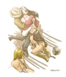 erenisch illustration bondage 3girls 1boys kneeling high_heels slave slavegirl legal_slavery cowgirl_boots pussy_licking