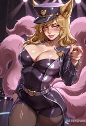 sultryspark ai_generated patreon patreon_username artist_name futarush ahri league_of_legends riot_games popstar_ahri ahri_(league_of_legends) 1girl breasts whisker_markings tail hat animal_ears blonde_hair solo facial_mark fox_tail fox_ears large_breasts pantyhose cleavage long_hair belt peaked_cap yellow_eyes zipper smile pointing_at_viewer looking_at_viewer pointing multiple_tails shiny_clothes zipper_pull_tab heart shorts idol jojo_reference jojo_pose