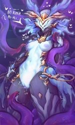 after_fingering anthro black_legs blue_body bodily_fluids breasts consentacles dialogue female female_anthro fingering fingering_self genital_fluids heart_symbol hearts_around_head hearts_around_pussy hi_res imminent_sex imminent_tentacle_sex kandyktor masturbation moan motion_lines nipples purple_tentacles shaking simple_background solo tentacles trembling vaginal_fluid_string vaginal_fluids vaginal_fluids_on_hand yareli_(warframe) yareli_prime_(warframe)