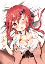 1boy bare_shoulders bat_hair_ornament blush breasts commentary_request cum cum_in_mouth cum_on_hair ejaculation_between_breasts erect_nipples facial female gabriel_dropout hair_ornament hair_rings highres jewelry kurumizawa_satanichia_mcdowell looking_at_viewer lying male_pubic_hair medium_breasts mochiyuki necklace on_back one_eye_closed open_mouth paizuri paizuri_under_clothes penis pov pubic_hair purple_eyes red_hair shirt solo_focus straight white_shirt