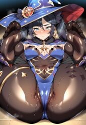 1girl ai_generated aqua_eyes ass black_gloves black_hair black_pantyhose blue_cape blue_headwear blue_leotard blush bodystocking breasts brown_pantyhose cameltoe cape choker closed_mouth clothing covered_navel crotch earrings elbow_gloves feet female female_only folded fur_collar genshin_impact gloves gold_trim green_eyes hat hat_ornament headwear highleg highleg_leotard jewelry legwear leotard long_hair looking_at_viewer lying medium_breasts mona_(genshin_impact) no_shoes novart01 on_back pantyhose soles solo spread_legs star_(symbol) star_earrings star_hat_ornament sweat thighlet thighs toes twintails witch_hat