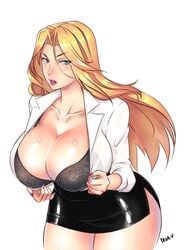 1girls blonde_hair blue_eyes bra business_suit button_down_shirt cleavage collared_shirt devil-v female female_only guinevere_savoia huge_breasts lingerie long_hair mature mature_female milf millennium4ever miniskirt open_clothes pencil_skirt see-through simple_background skirt solo standing tight_clothing tight_shirt wardrobe_malfunction wide_hips